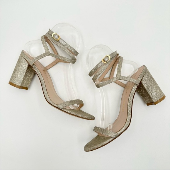 Stuart Weitzman Merinda Ankle-Wrap Block Heel Sandals Gold Glitter - Picture 6 of 11